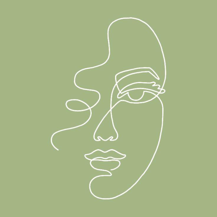 Dessin au trait d'un visage sur fond vert sauge — visuel du centre