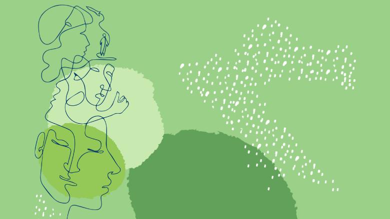 Composition de visages au trait et formes vertes
