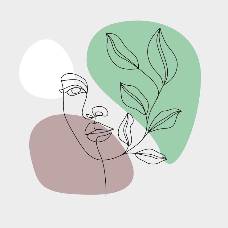Visage au trait entouré de feuillages sur formes vertes et mauves