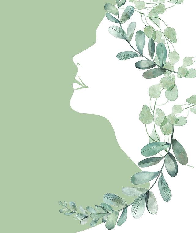 Silhouette de profil entourée de feuillages d'eucalyptus sur fond vert