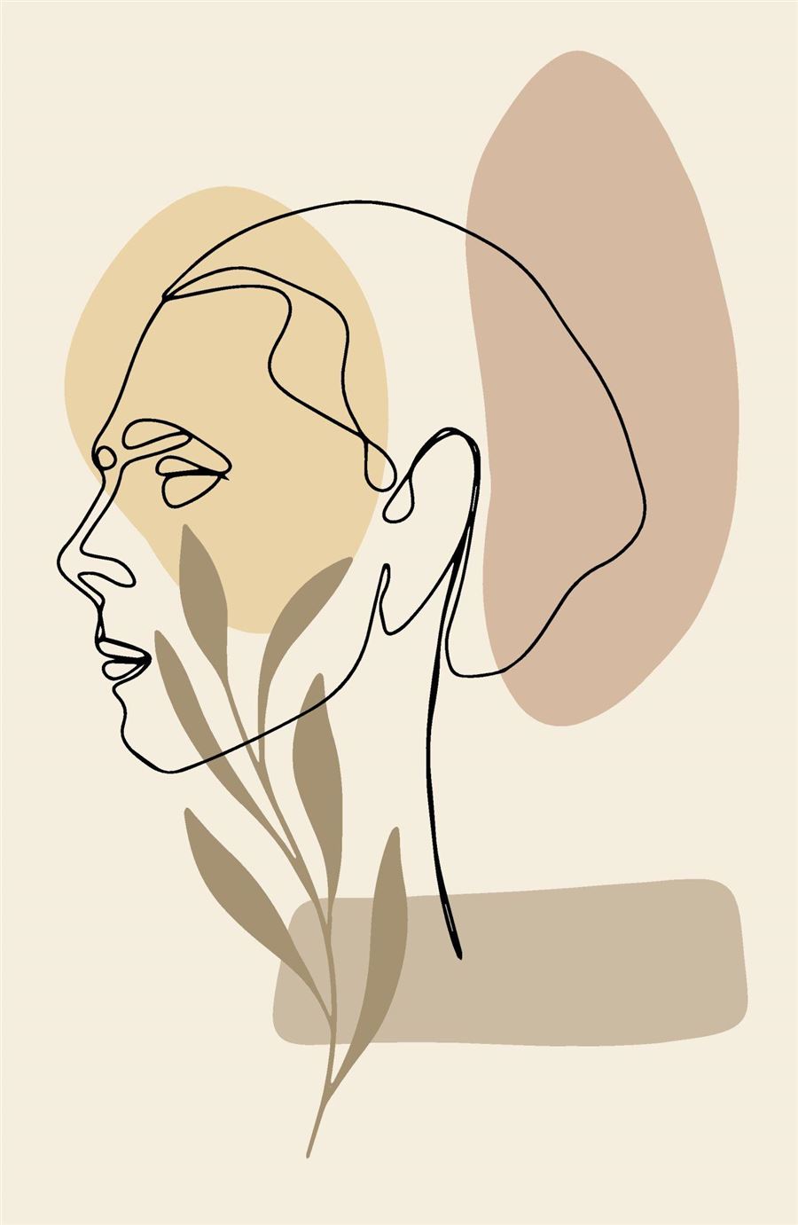 Profil au trait sur fond beige et formes organiques — prendre contact